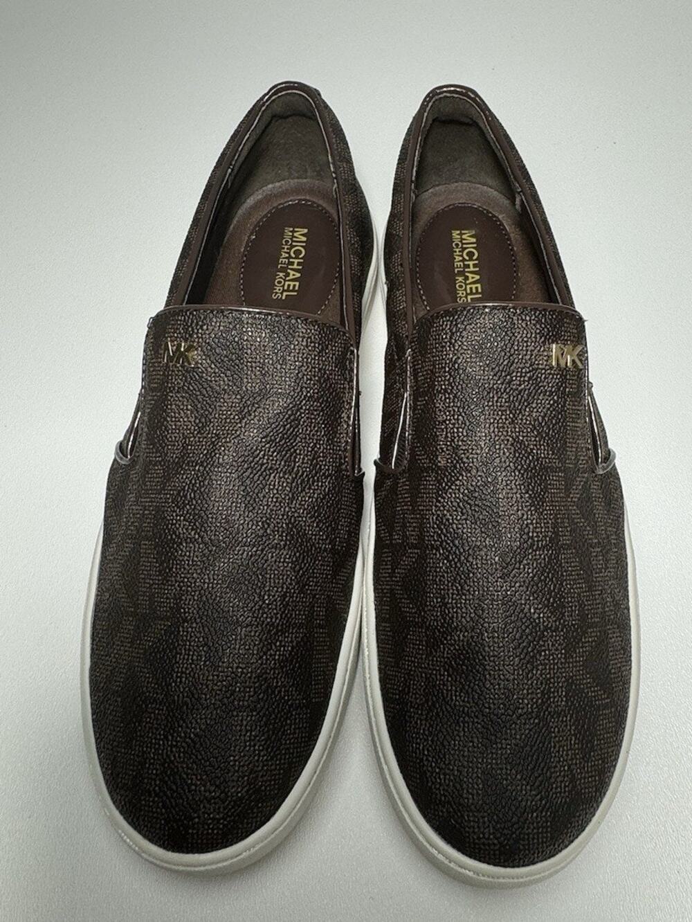 MICHAEL KORS Keaton Women's MK Flat Signature Brown Slip-On Sneakers US Size 8.5